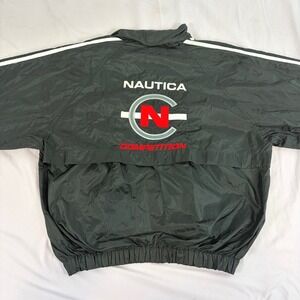 Vintage Nautica Windbreaker Jacket Mens Large Black USA 90s Hooded Zip Gorpcore